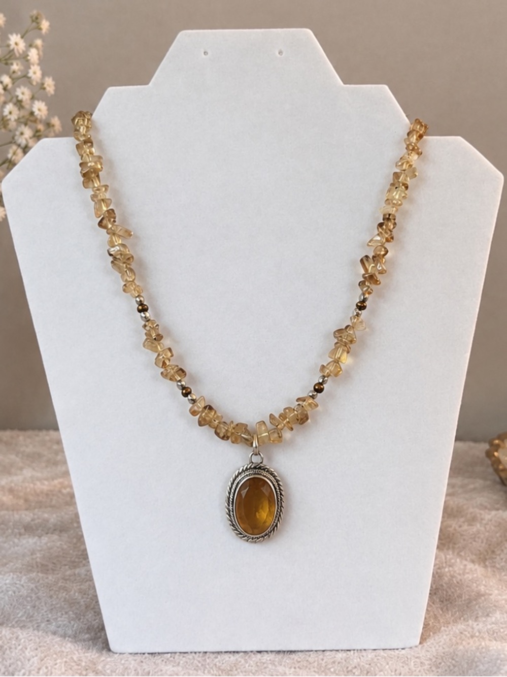 Citrine Chip Necklace with Oval Sterling Silver Braided Setting Pendant